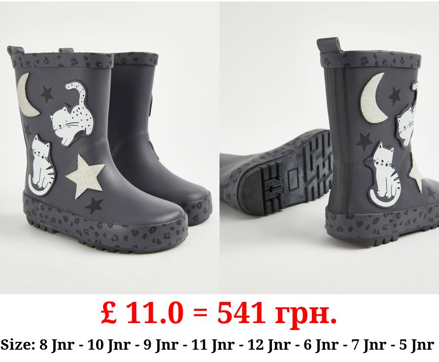 Charcoal Cat and Star Wellington Boots