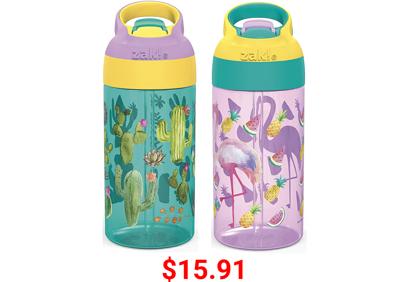 Zak Designs 16oz Riverside Desert Life Kids Water Bottle with Straw and Built in Carrying Loop Made of Durable Plastic, Leak-Proof Design for Travel, 2PK Set, Cactus-Flamingo Pineapple