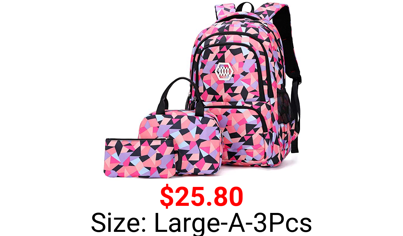 3Pcs Geometric Prints Primary School Student Satchel Shoulder Schoolbag for Middle School Girls Boys Backpack with Lunch Bag