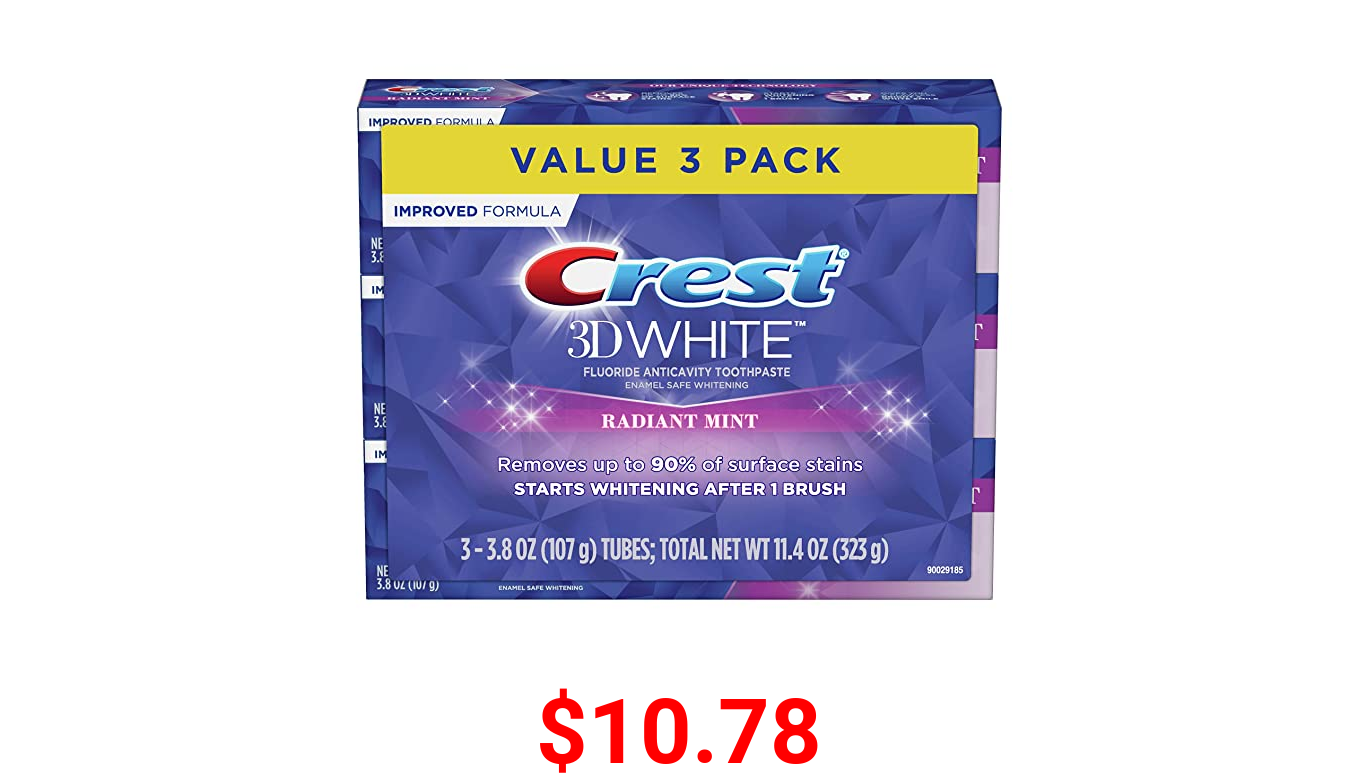 Crest 3D White Toothpaste Radiant Mint, 3.8 oz (Pack of 3) (Packaging May Vary)