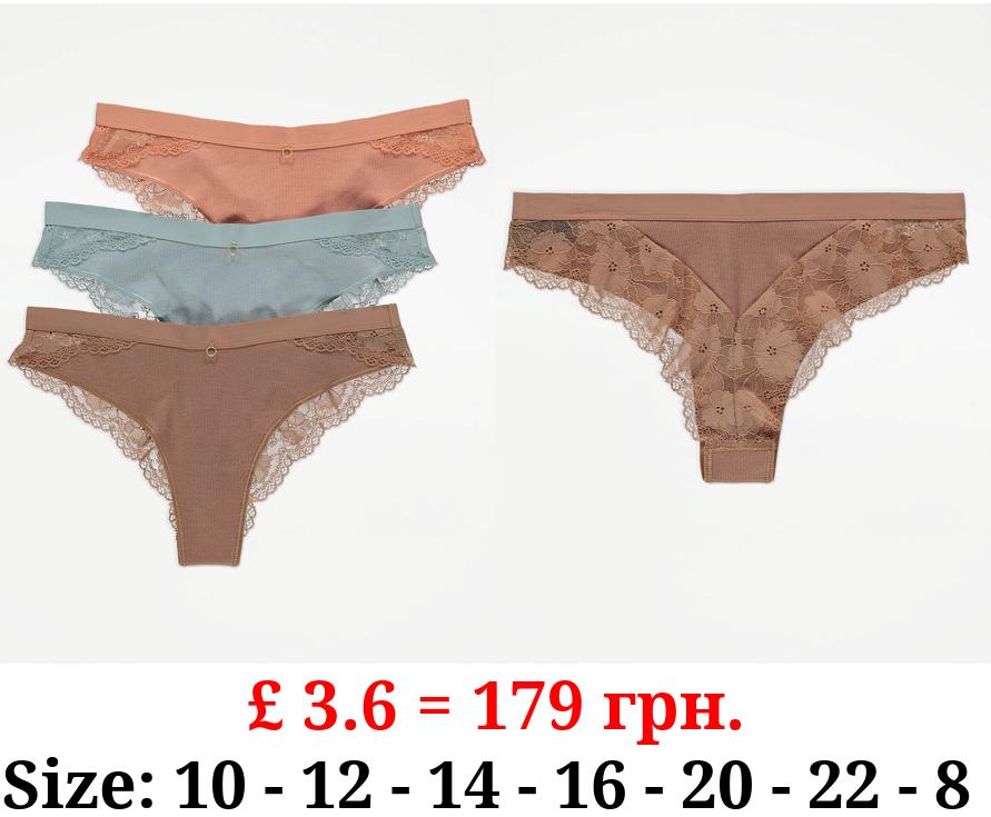 Pastel Ribbed Lace Trim Brazilian Knickers 3 Pack