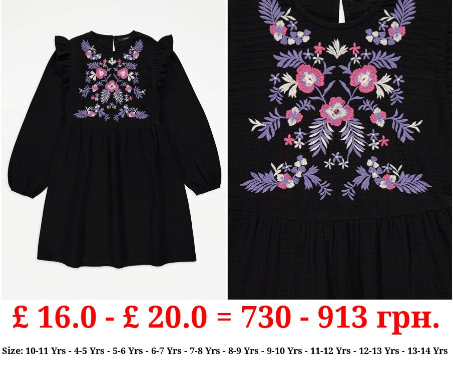 Black Embroidered Cheesecloth Dress