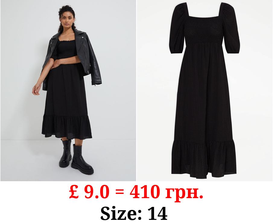 Black Textured Shirred Front Midi Dress