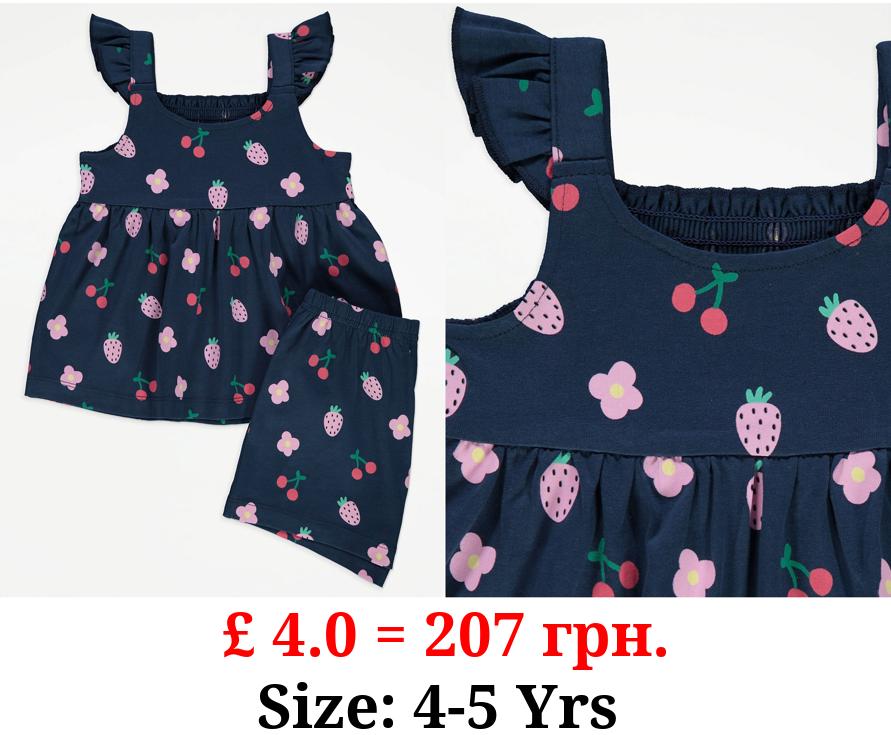 Navy Fruit Frill Sleeve Top and Shorts Outfit