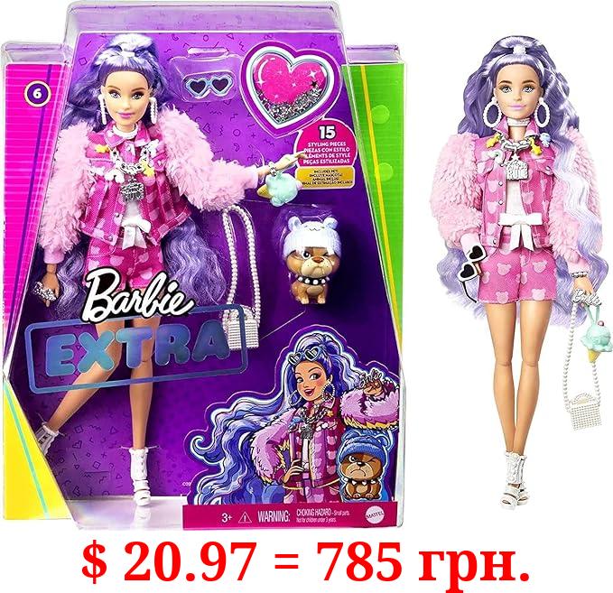 Barbie Extra Doll & Accessories with Long Periwinkle Hair, Teddy Bear-Print Denim Jacket, Matching Shorts & Pet Puppy