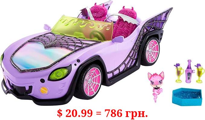 Monster High Toy Car, Ghoul Mobile with Pet and Cooler Accessories, Purple Convertible with Spiderweb Details Large, 4 years and older