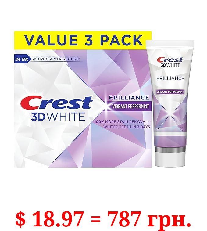 Crest 3D White Brilliance Vibrant Peppermint Teeth Whitening Toothpaste, 4.6 oz Pack of 3, Anticavity Fluoride Toothpaste, 100% More Surface Stain Removal, 24 Hour Active Stain Prevention