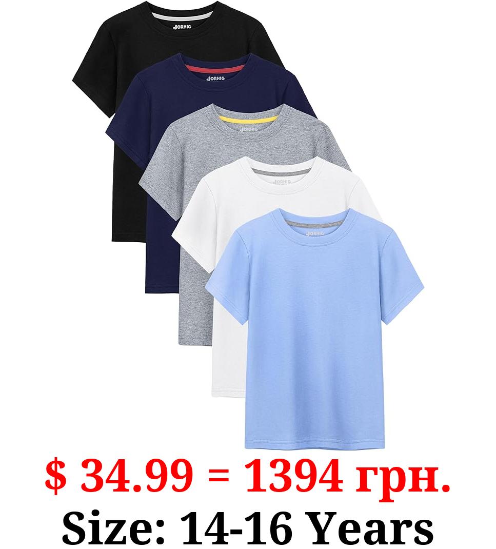 JORHIG 5 Pack Boys Shirts Cotton Boys T-Shirts Boys Short Sleeve Crew Neck T-Shirts Boys Kids Tops 2-18 Years