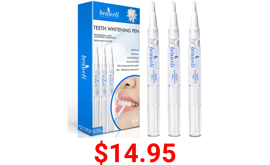 beaueli Teeth Whitening Pen (3 Pack) Safe 35% Carbamide Peroxide Gel for Sensitive Teeth Easy to Use Effective Painless No Sensitivity Advance Natural Teeth Whitening