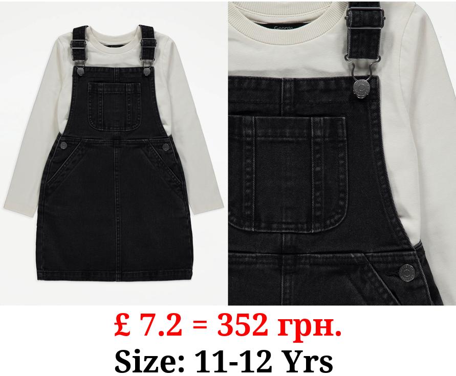 Black Denim Pinafore Dress and Top Outfit