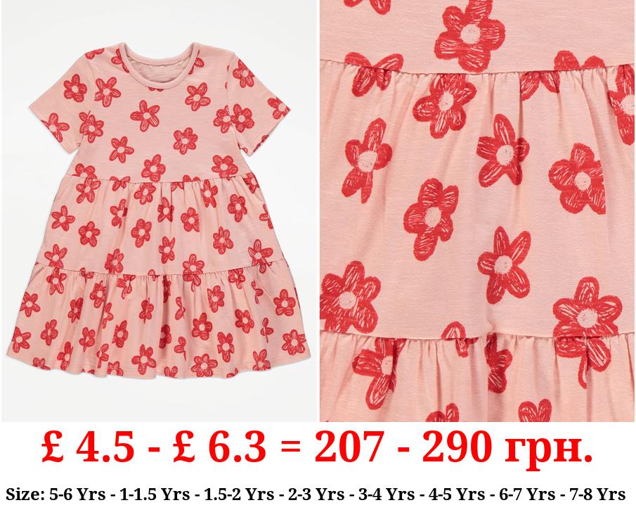 Pink Floral Print Tiered Dress