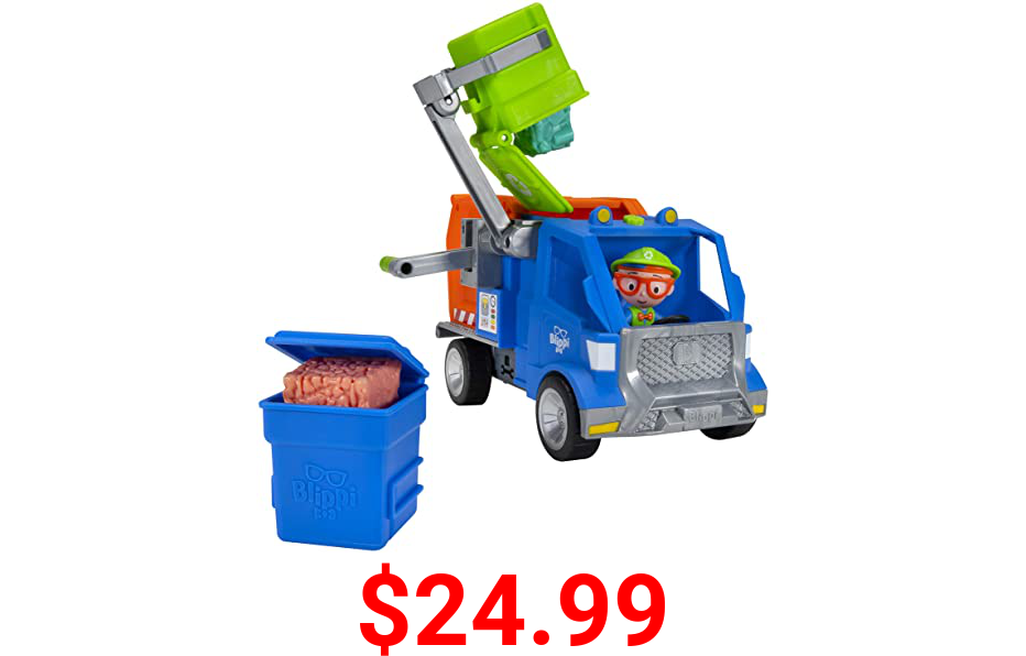 Blippi Recycling Truck - Includes Character Toy Figure, Working Lever, 2 Trash Cubes, 2 Recycling Bins - Sing Along with Popular Catchphrases - Educational Toys for Kids - Amazon Exclusive
