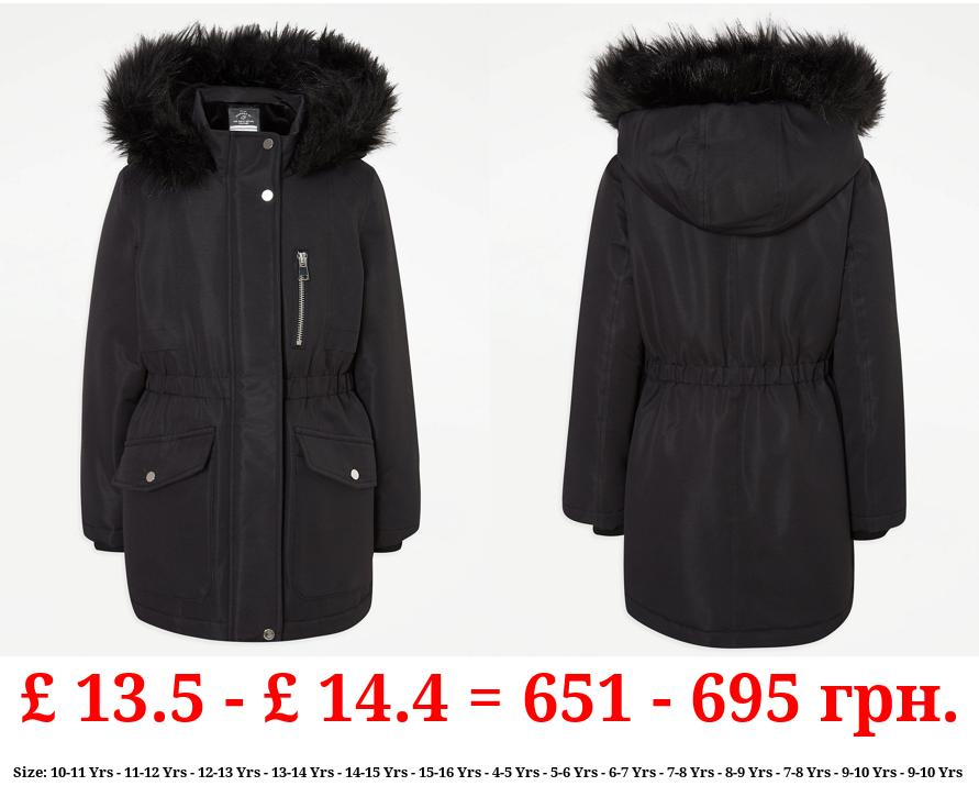 Black Fur Trim Parka Coat