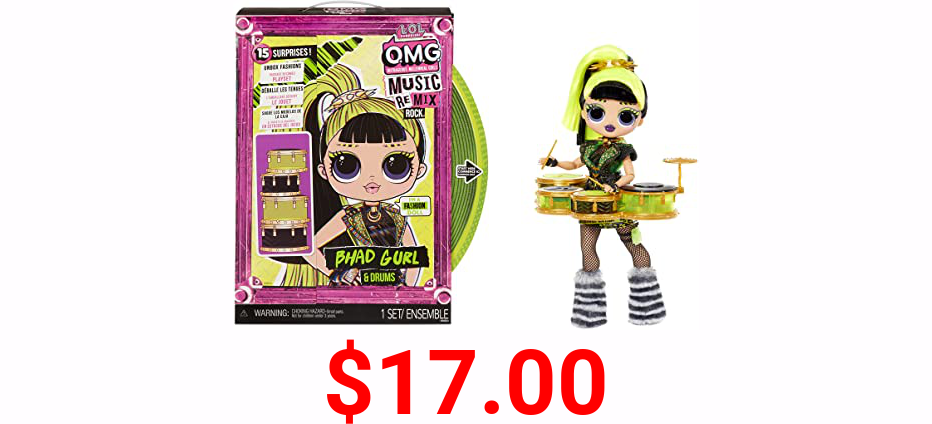 LOL Surprise OMG Remix Rock Bhad Gurl Fashion Doll with 15 Surprises Including Drums, Outfit, Shoes, Stand, Lyric Magazine, and Record Player Playset - Gift for Kids, Toys for Girls Boys Ages 4 5 6 7+