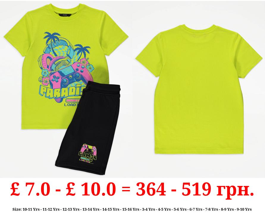 Bright Green Gamer Graphic T-Shirt and Shorts Outfit