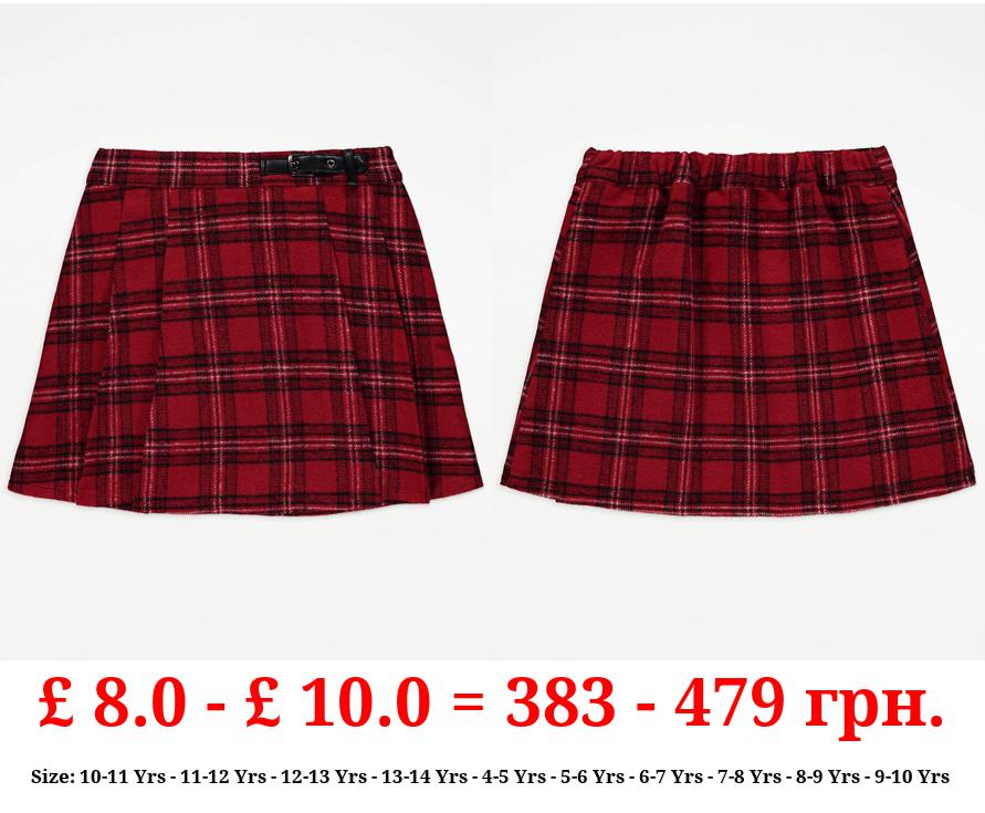 Red Checked Pleated Skirt