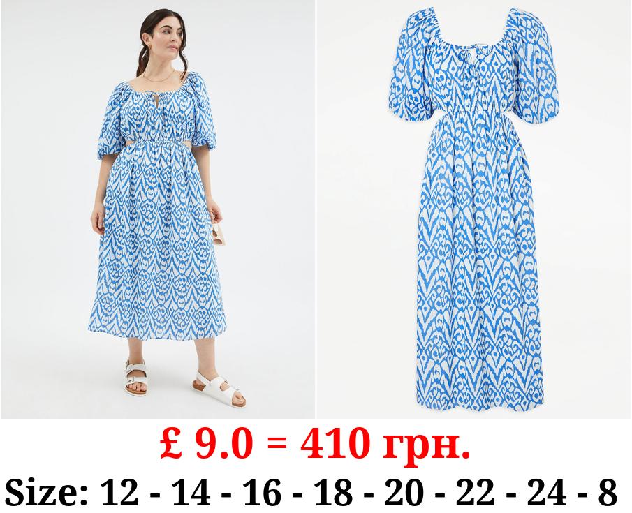Blue Printed Cut Out Midi Dress