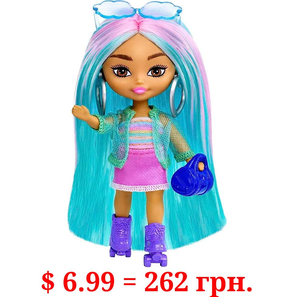 Barbie Extra Mini Minis Doll with Blue Hair, Sporty Outfit, Roller Skates & Accessories & Stand, 3.25-inch