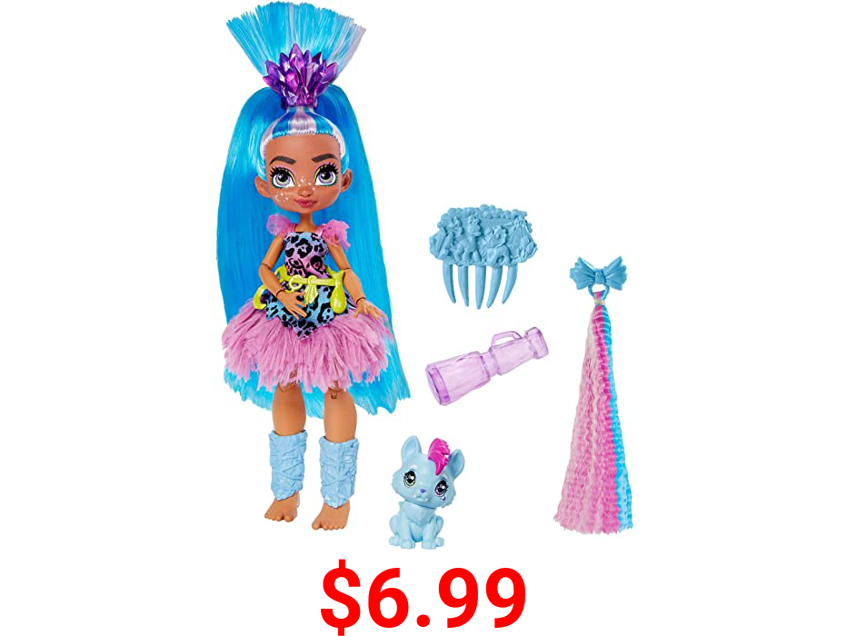 Cave Club Tella Doll (8 – 10-inch, Blue Hair) Poseable Prehistoric Fashion Doll with Dinosaur Pet and Accessories, Gift for 4 Year Olds and Up [Amazon Exclusive]