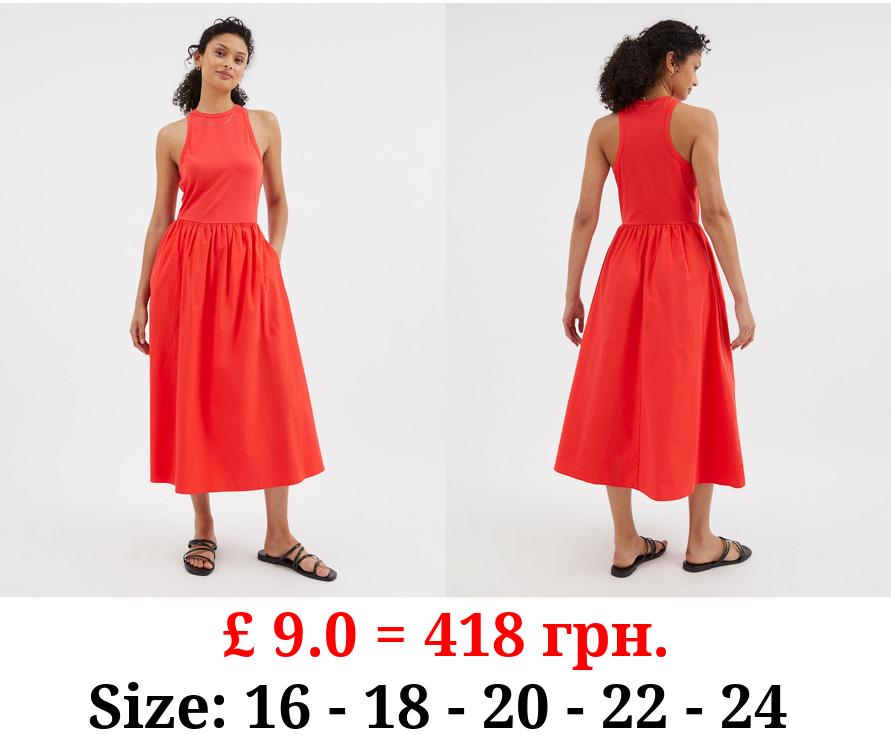 Red Poplin Sleeveless Midi Dress
