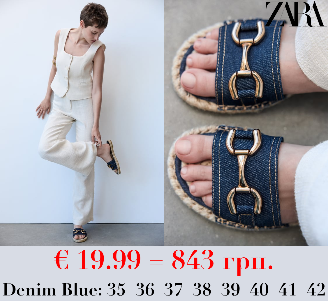 DENIM AND JUTE FLAT SLIDER SANDALS