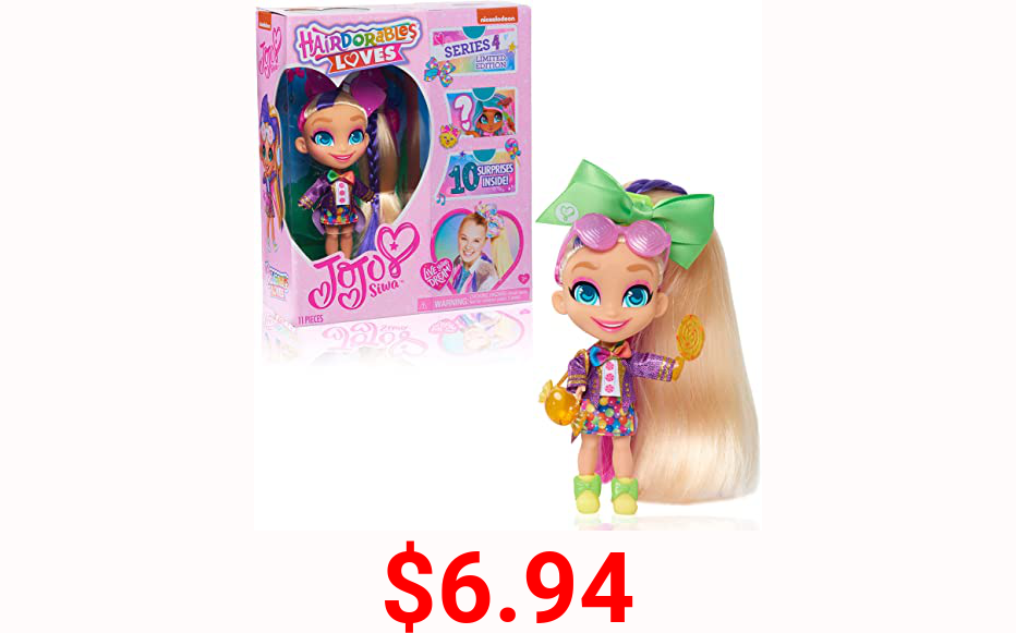 JoJo Siwa Hairdorables Loves JoJo Limited Edition Collectible Doll, Series 4, Candy Time, Includes 10 Surprises, by Just Play