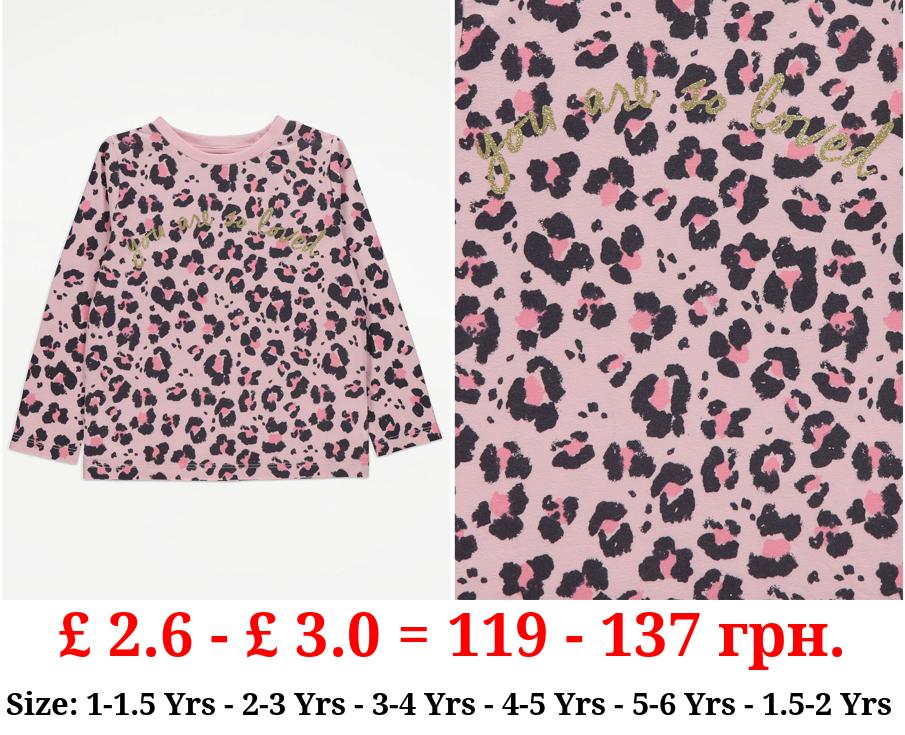 Pink Leopard Print Slogan Long Sleeve Top