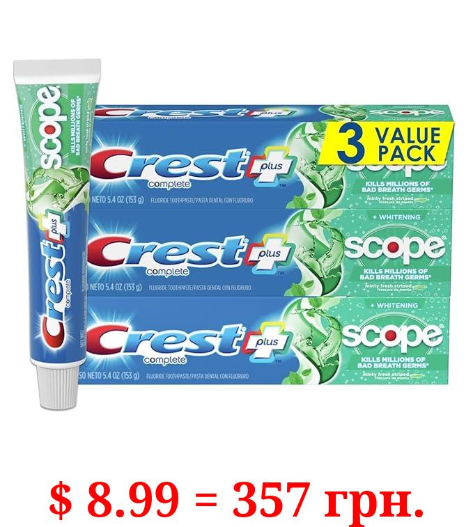 Crest + Scope Complete Whitening Toothpaste, Minty Fresh, 5.4 Oz (Pack of 3)