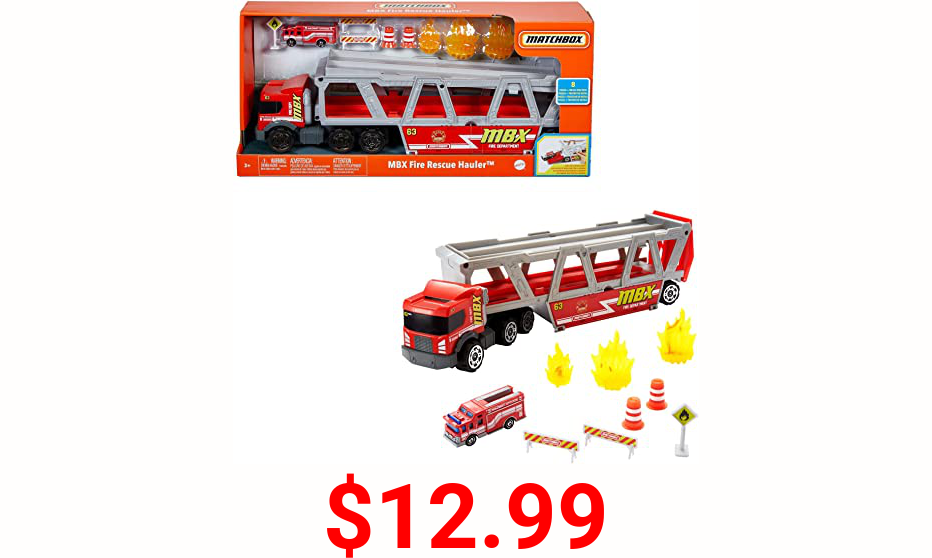 Matchbox Fire Rescue Hauler Playset Themed Hauler with 1 Fire-Themed Vehicle, Holds 16 Cars, Easy-Release Ramp, 8 Accessories & Storage, for Kids 3 Years Old & Up