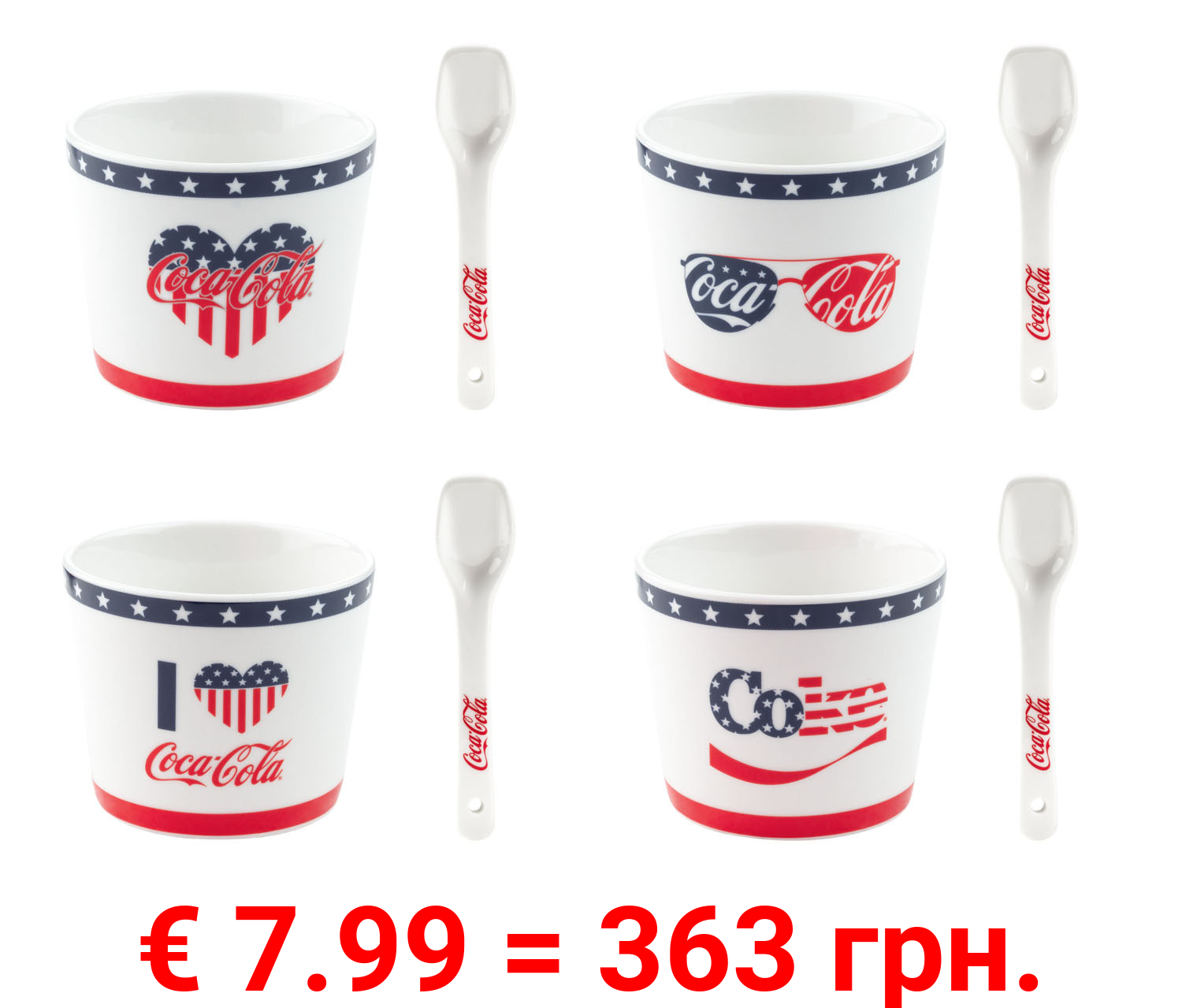 Coca Cola Eisbecher mit Löffeln, 4er Set