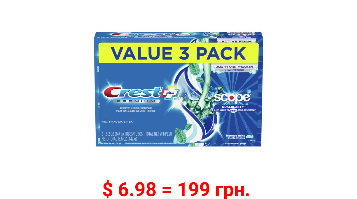 Crest Premium Plus Scope Dual Blast Toothpaste, Mint, 5.2 oz, 3 Pk