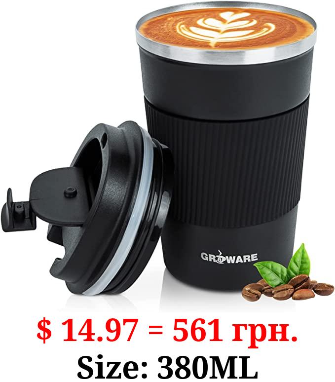 Travel Coffee Mug, 13oz Vacuum Stainless Steel Insulated Coffee Mug with Leakproof Lid, Coffee to Go Double Walled Travel Tumbler for Outdoor, Home, Office Ideal for Ice Drinks, Hot Beverage (Black)