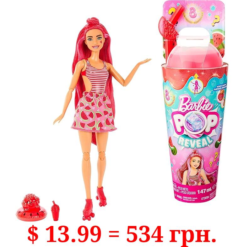 Barbie Pop Reveal Fruit Series Doll, Watermelon Crush Theme with 8 Surprises Including Pet & Accessories, Slime, Scent & Color Change