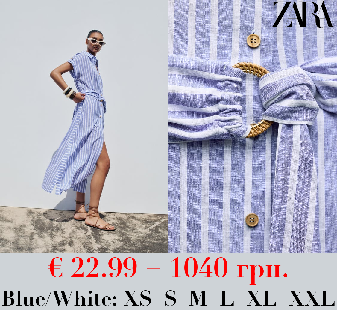 STRIPED LINEN BLEND MIDI SHIRT DRESS