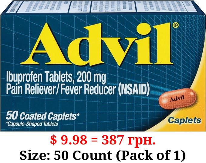 Advil Pain Reliever and Fever Reducer, Pain Relief Medicine with Ibuprofen 200mg for Headache, Backache, Menstrual Pain and Joint Pain Relief - 50 Coated Caplets