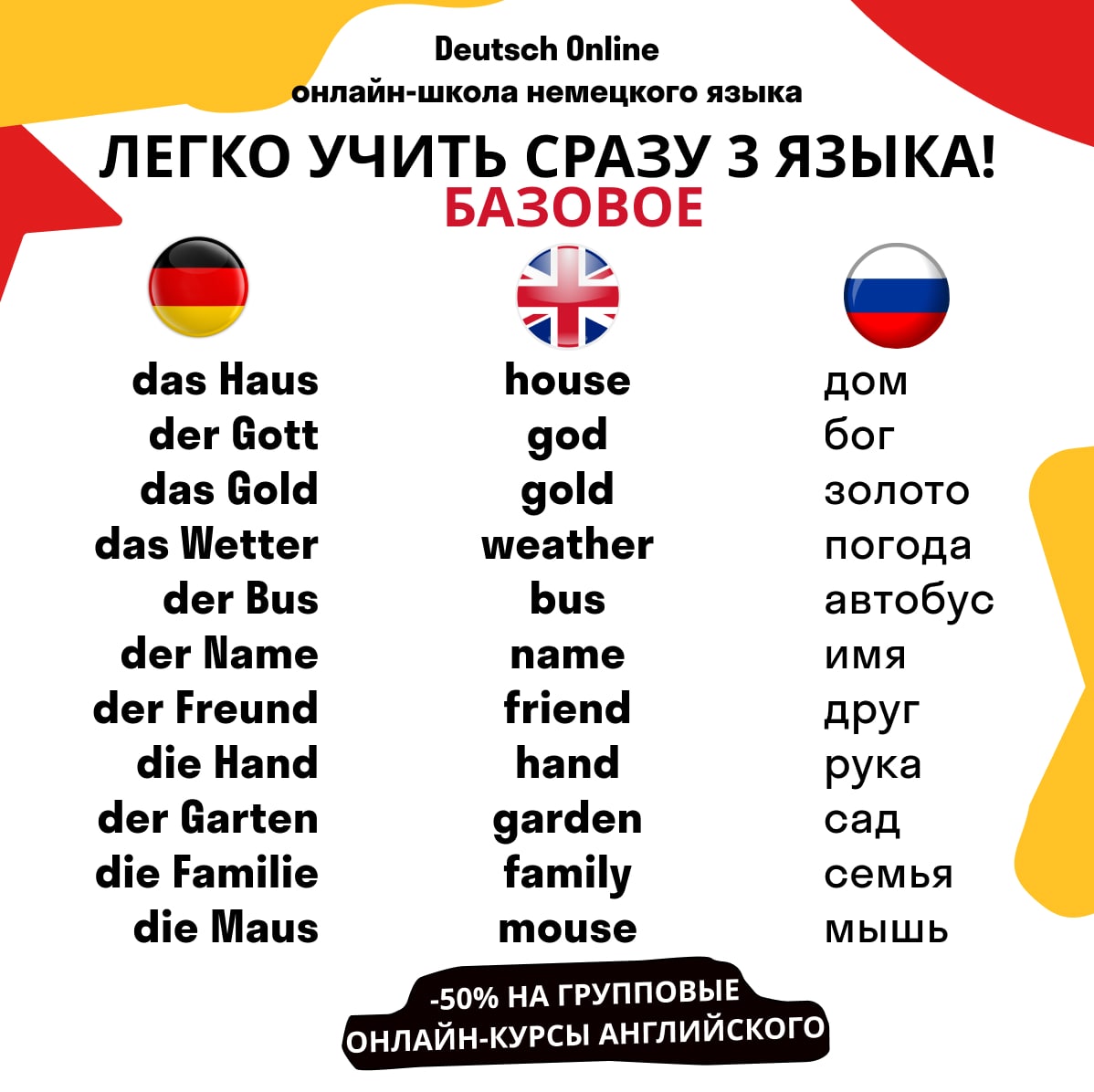 Минус на английском. Мега акция на английском языке. 310 В немецком языке.