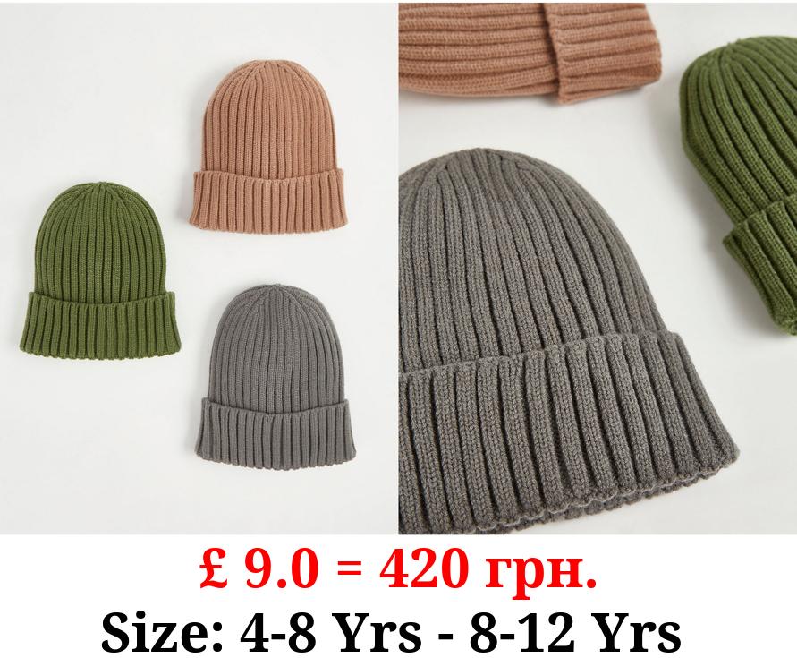 Ribbed Knitted Beanies 3 Pack