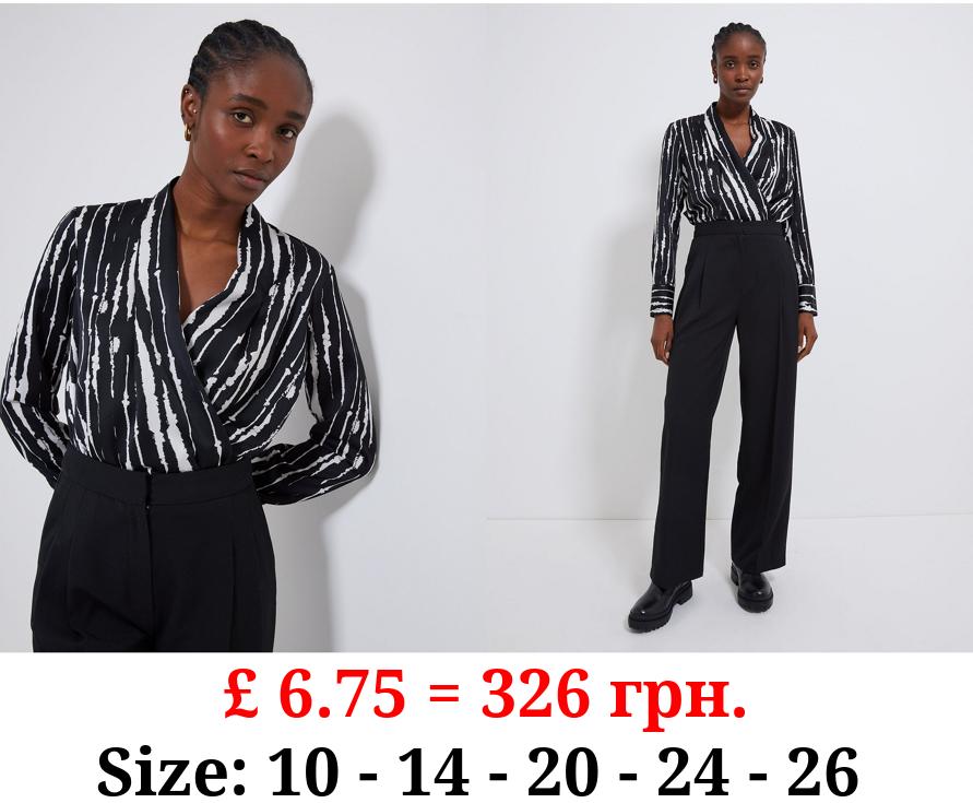 Black Patterned Wrap Front Satin Blouse