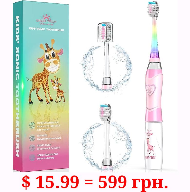 DADA-TECH Kids Electric Toothbrush Toddler Sonic Battery Powered Rainbow Light Up Vibrating Tooth Brush with 2 Minutes Timer for Children Boys Girls Ages 2+ Years Old, 3 Soft Brush Heads (Pink)