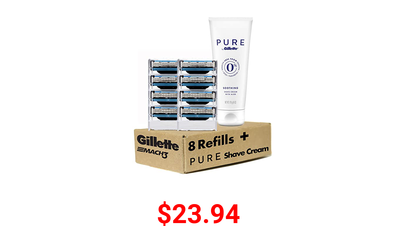 Gillette Mach3 Value Pack Mens Razor Blade Refills, 8 Count plus Gillette PURE Shave Cream, 6oz