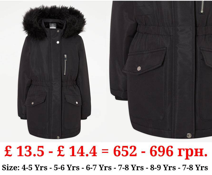 Black Fur Trim Parka Coat