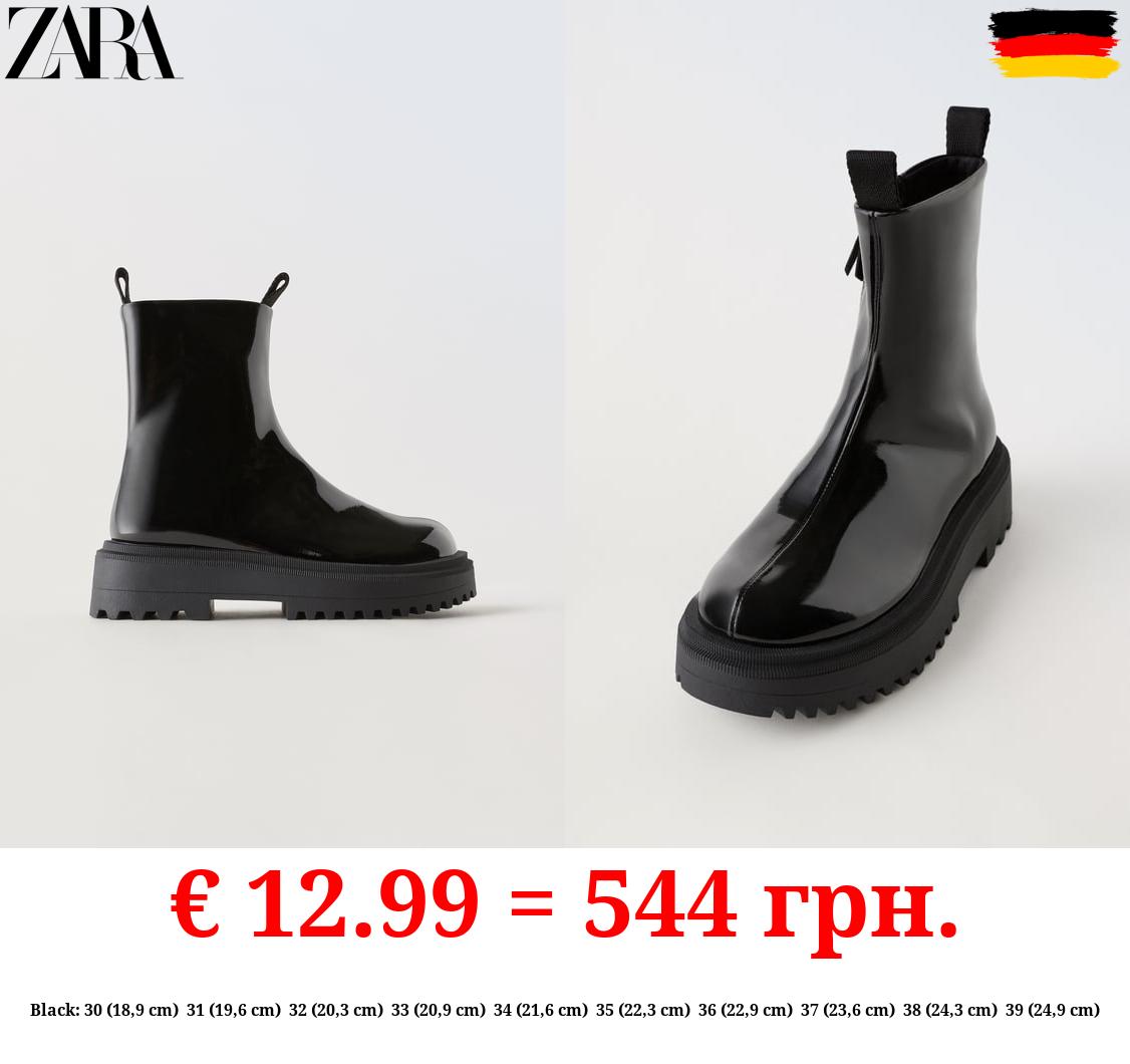 FAUX PATENT FINISH STRETCH ANKLE BOOTS