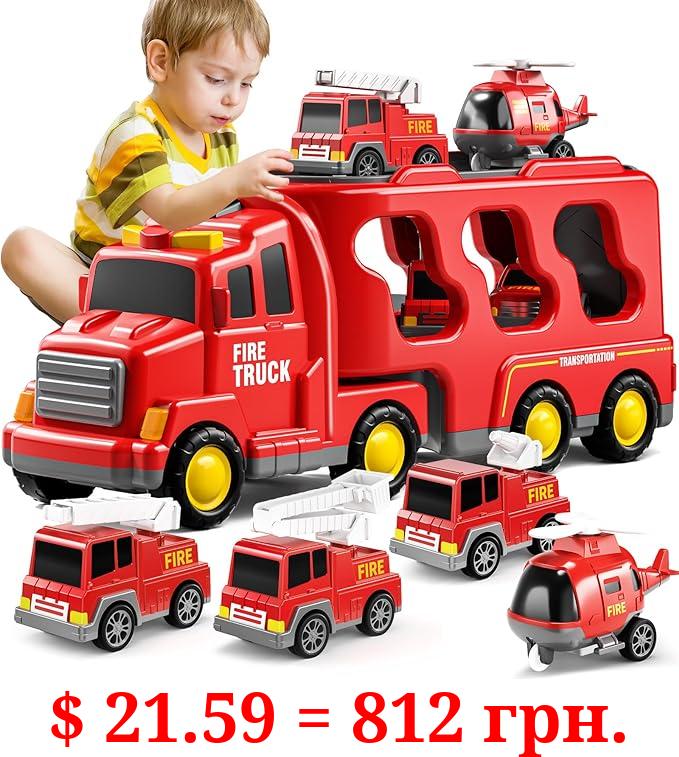 TEMI Fire Toys for 3 4 5 6 Years Old Boys Girls - 5 in 1 Carrier Truck Transport for Toddlers 1-3, Friction Power Vehicles for Kids 3-5, Christmas Birthday Gifts - Age 3-9