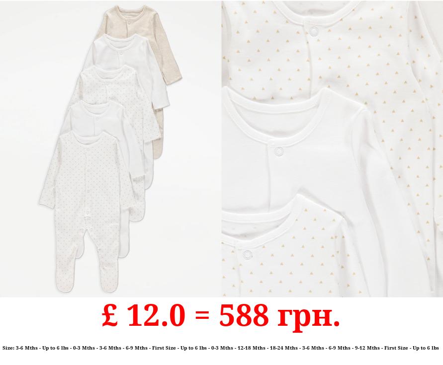 Unisex Neutral Triangle Print Long Sleeve Sleepsuits 5 Pack