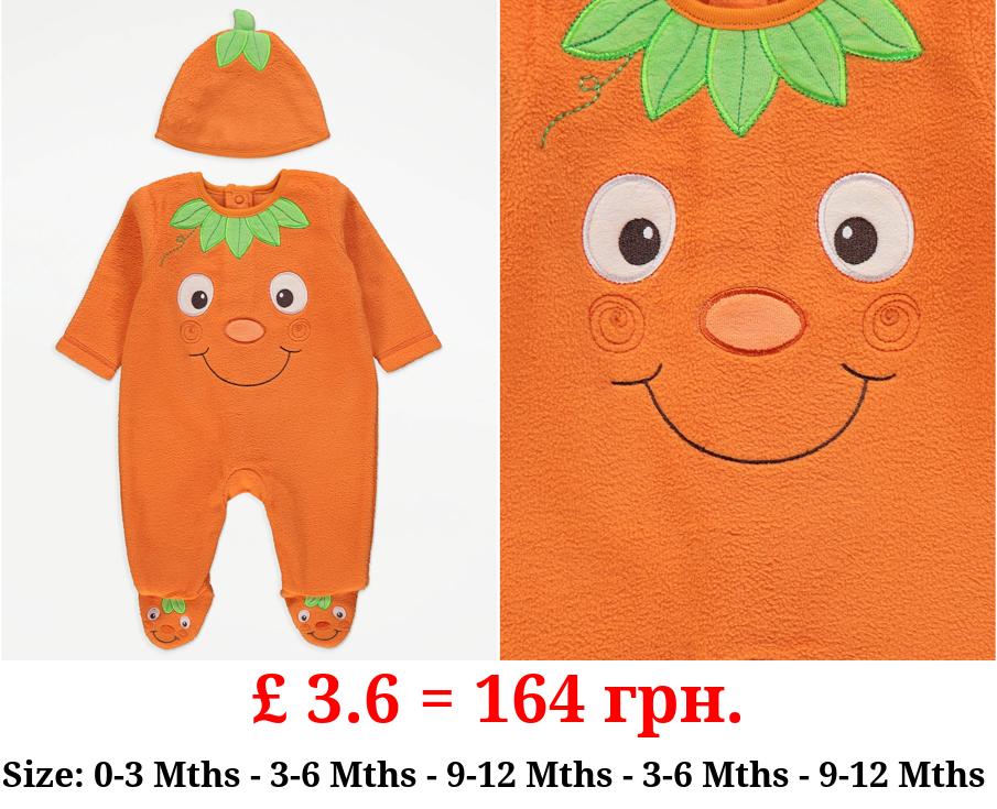 Orange Pumpkin Fleece Sleepsuit and Hat