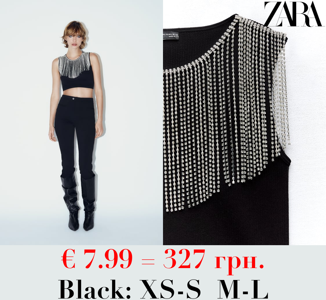 SEAMLESS CROP TOP WITH FRINGING AND RHINESTONES