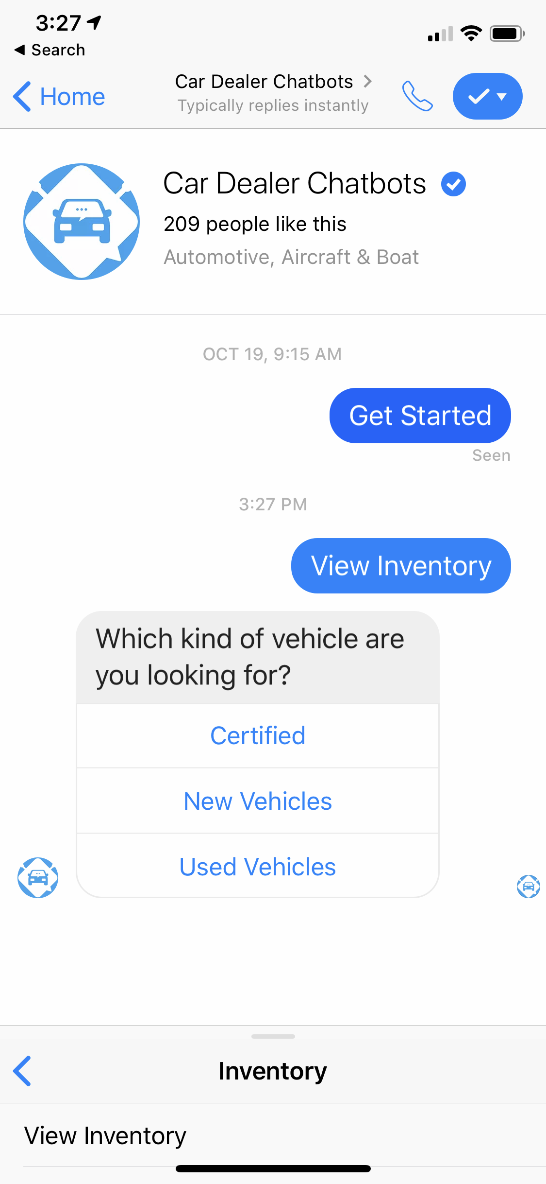 Автосалоны Chatbots не позволяли пользователям вводить свободный текст после того, как они выбрали   опцию Inventory .