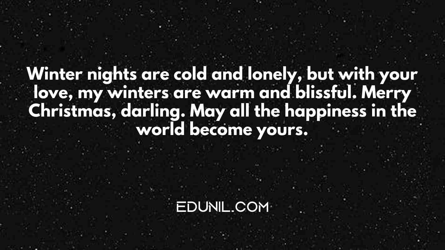 Winter nights are cold and lonely, but with your love, my winters are warm and blissful. Merry Christmas, darling. May all the happiness in the world become yours. - 
