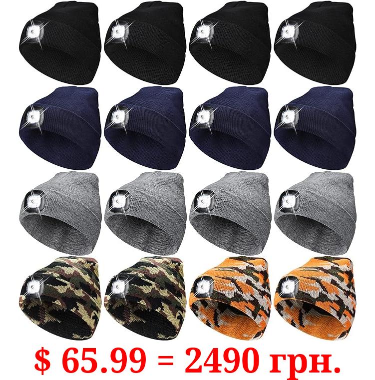 Newcotte 16 Pcs 4 LED Beanie Cap with Light Unisex USB Rechargeable LED Beanie Cap Beanie Flashlight Hat for Kid Adult Warm