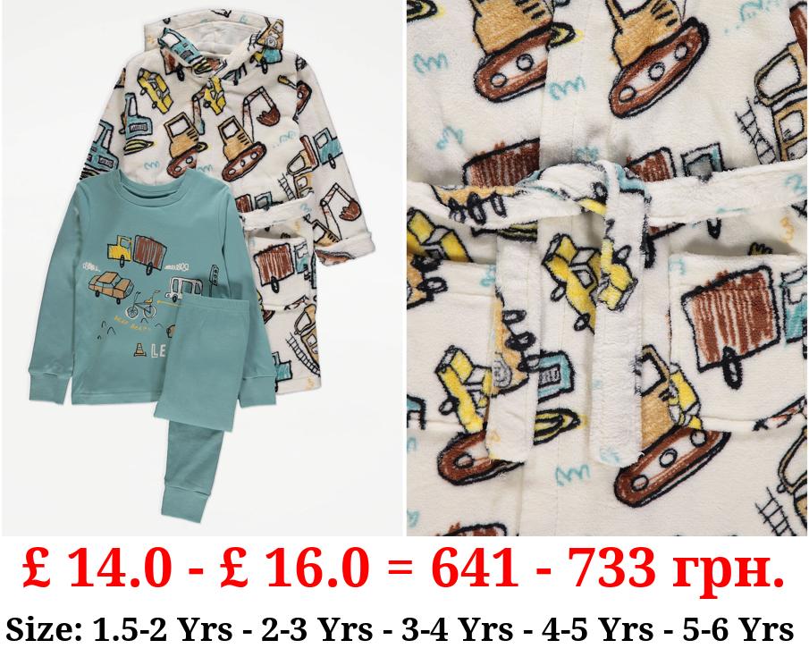 Blue Vehicle Print Pyjamas and Dressing Gown Set